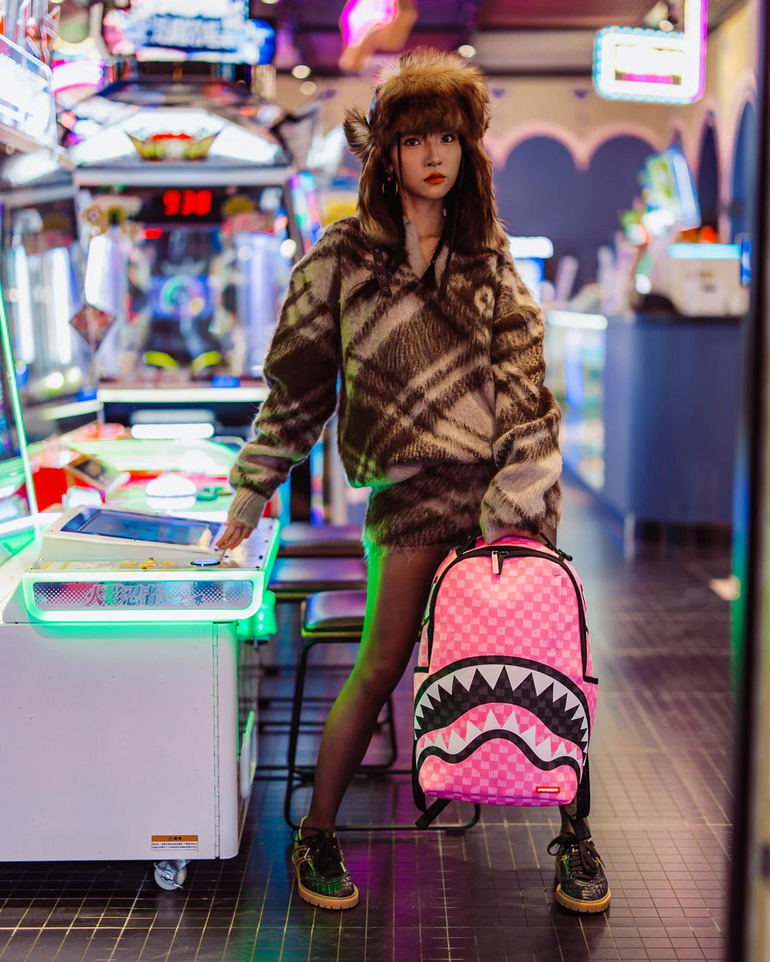 PINK AND BLACK DRIP CHECK DLXSV BACKPACK