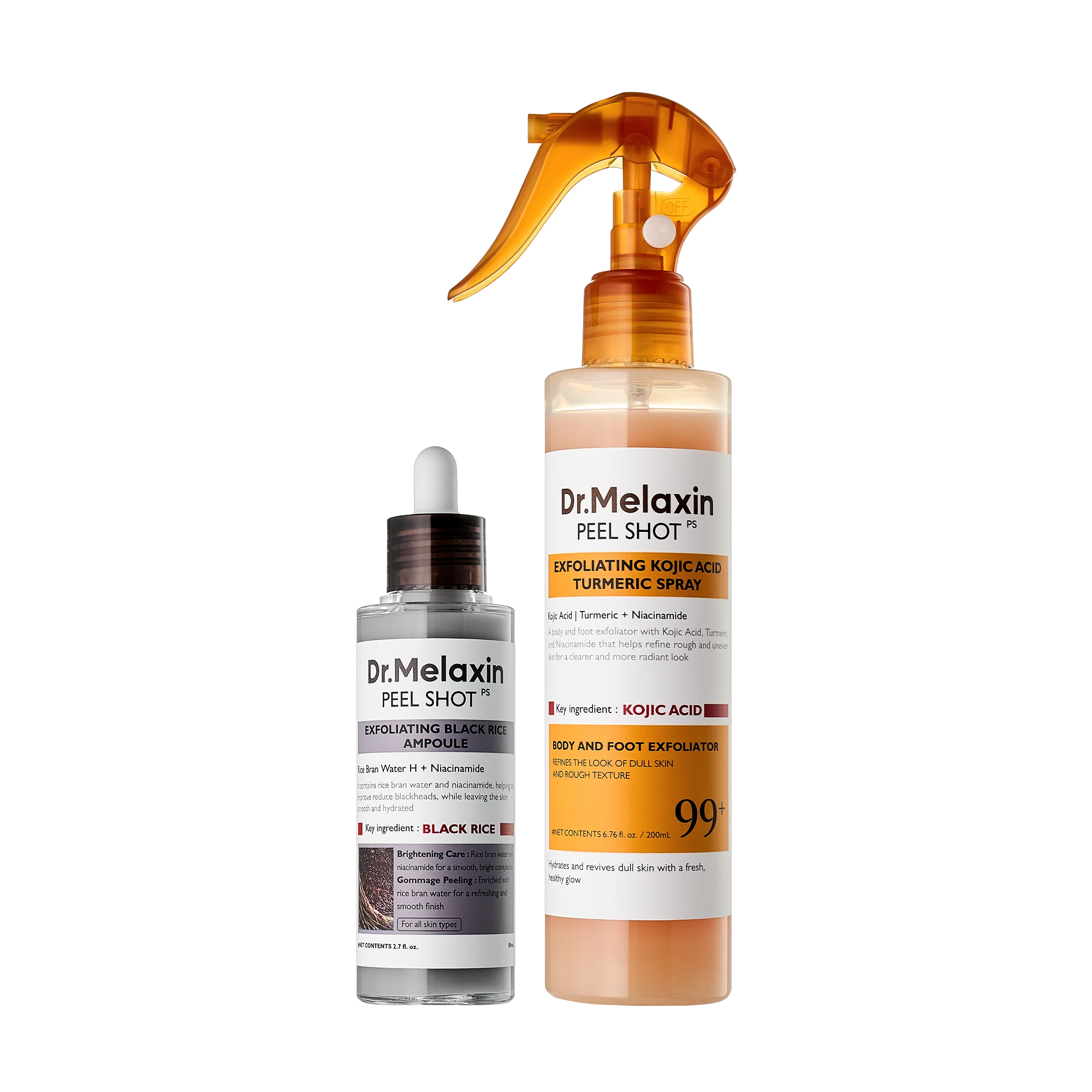 Dr.Melaxin body & face peelshot duo glow black ricepeeling ampoule kojic acid &turmeric spray